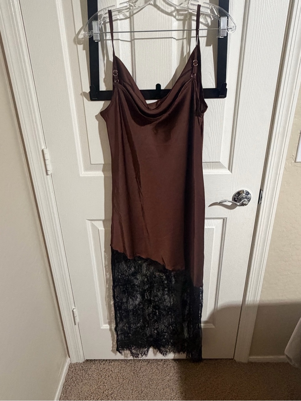Elegant Brown High-Low Slip Dress with Black Lace Trim